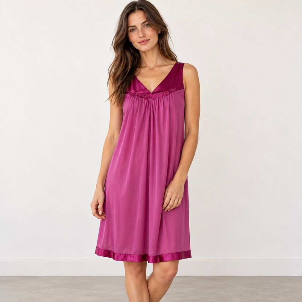 Vintage Vanity Fair Nightgown M Magenta Pink Lace Nylon USA Made Sleeveless